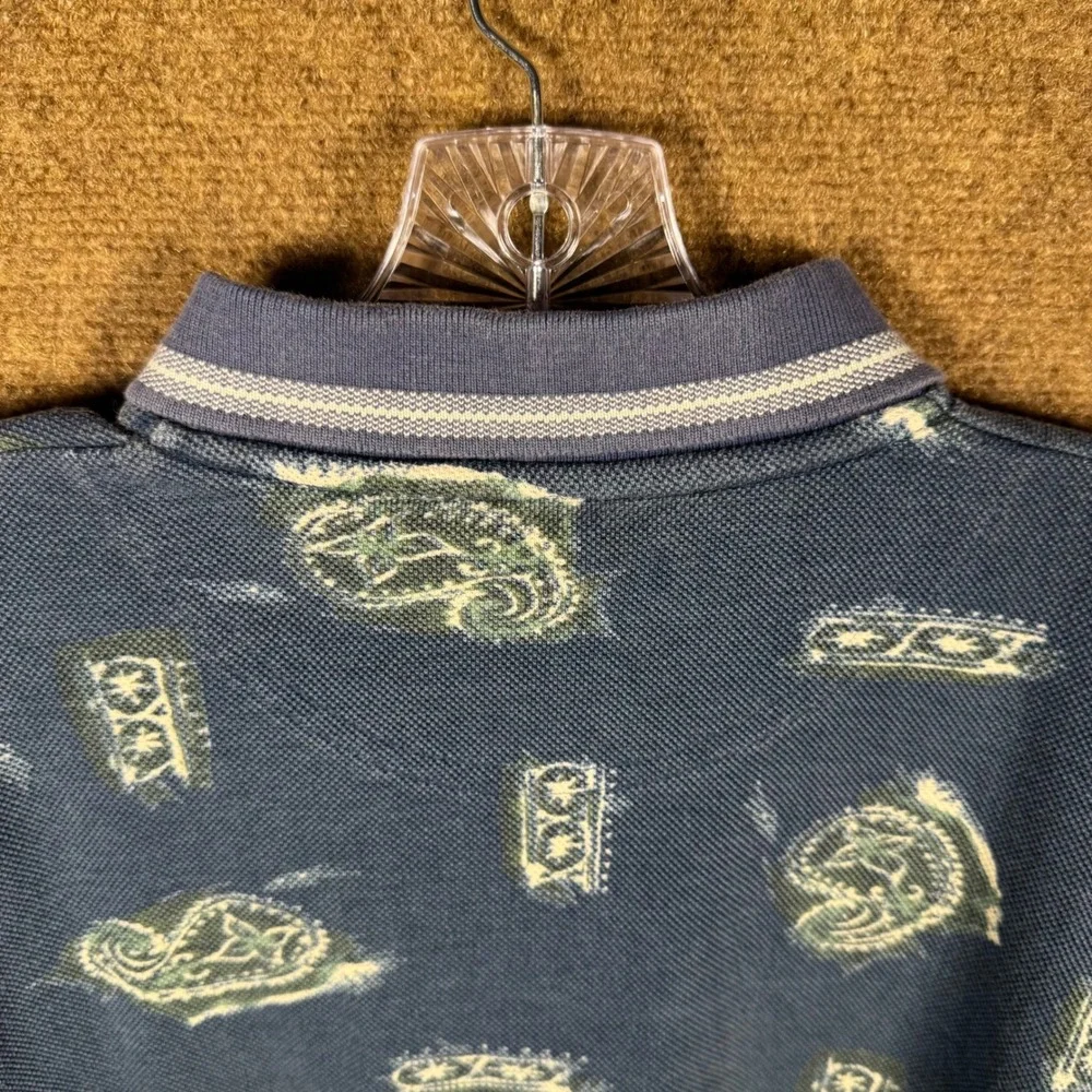 Vintage Jantzen Polo Shirt Mens Medium Blue Paisley All Over Print Short Sleeve